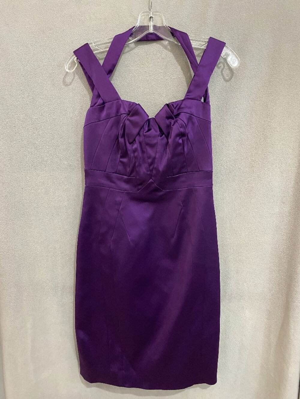 Karen Millen Purple Satin Cocktail Dress US 8 Bow Bust Pencil Sheath DRESS